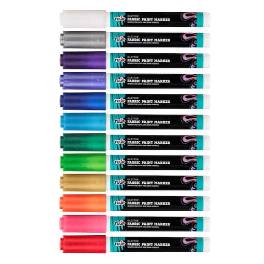 Michaels, Tulip® Glitter 12 Colour Permanent Bullet Tip Fabric Paint Marker Set – Category: Fabric Paint